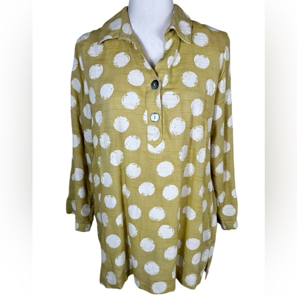 Lior Paris Funky Chartreuse Green Polka Dot Roll Tab 3/4 Sleeve Button Front Top